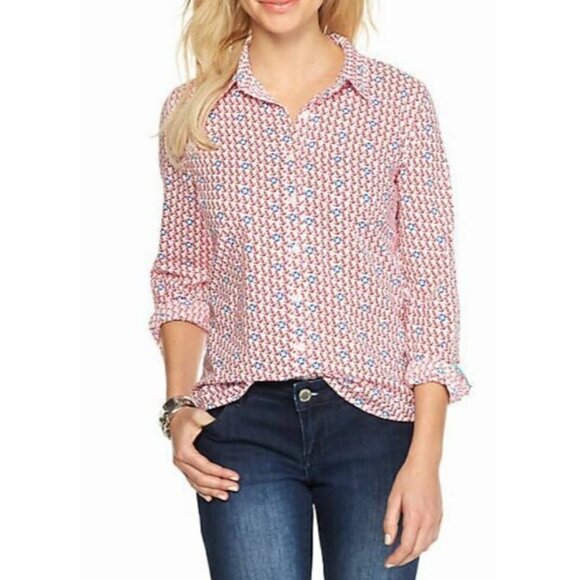 NEW Crown & Ivy Womens Size Petite Anchor Away Button Up Shirt Nautical Cotton - Picture 1 of 7
